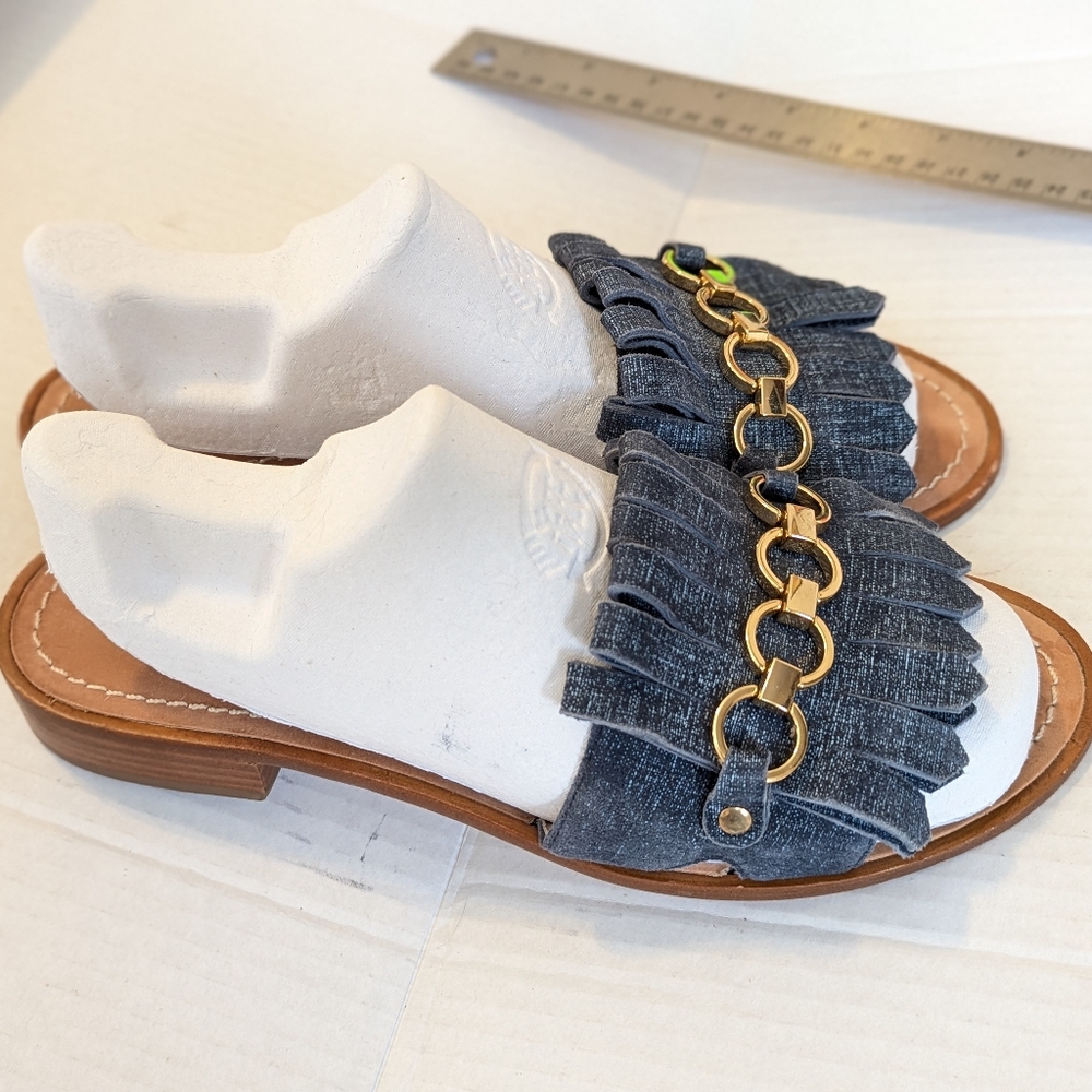 kate spade Denim Blue Fringe Slide Sandals with Gold Chain - Picture 12 of 14